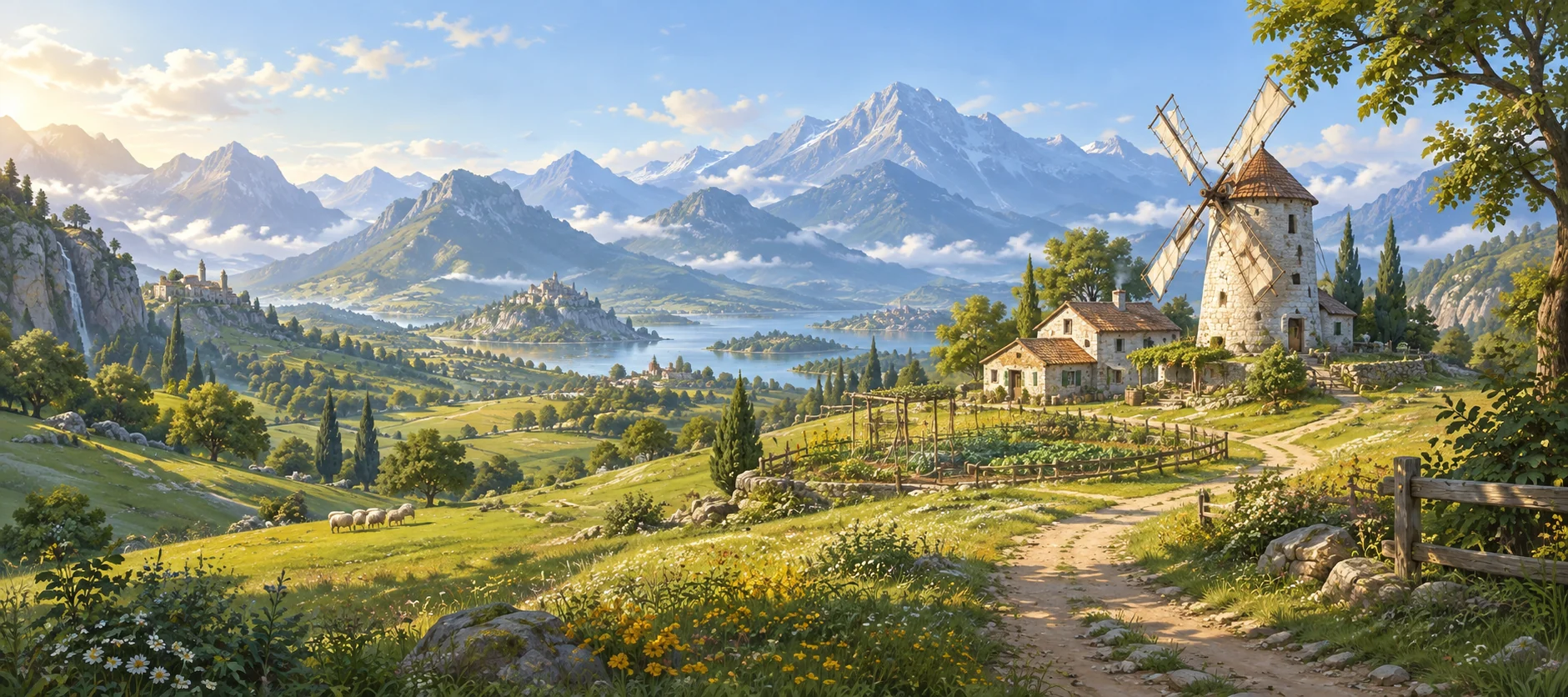 Concept artwork of a farm and a windmill above a green valley and a mountain lake.